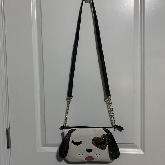 Artsy Cute! BETSEY JOHNSON ~ LUV BETSEY DOG FACE CROSSBODY HANDBAG WITH GLITTER - Picture 3 of 9